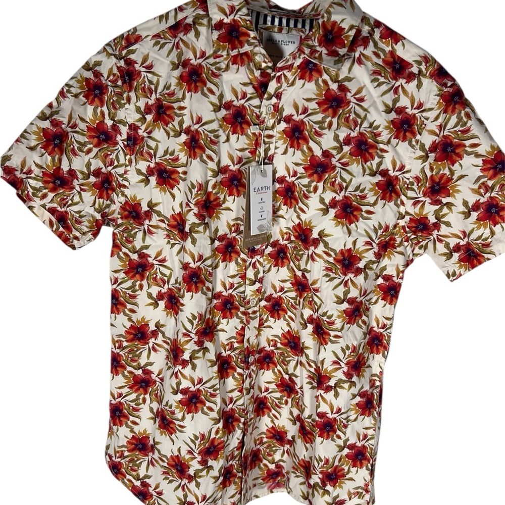 Denim & Flower Earth Conscious Orange Floral Button Up Cotton Shirt Men’s Size M